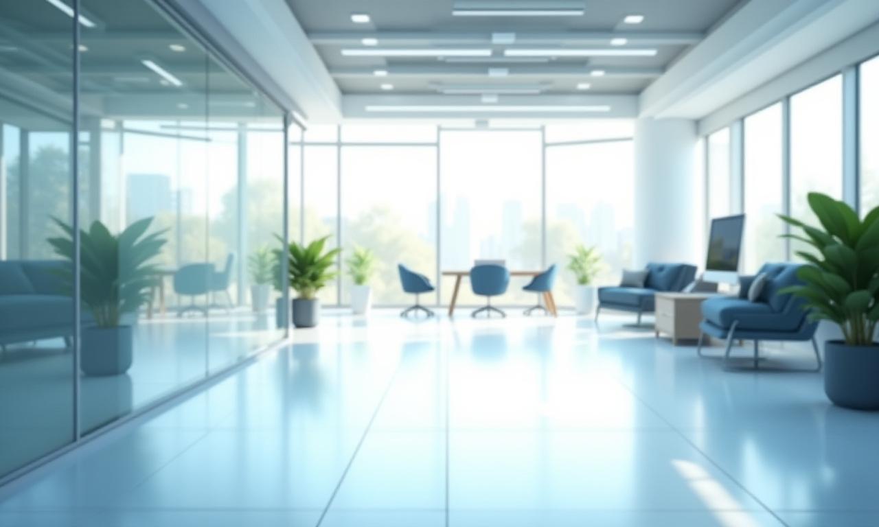 Pristine modern office with a subtle sparkle effect, symbolizing impeccable cleaning